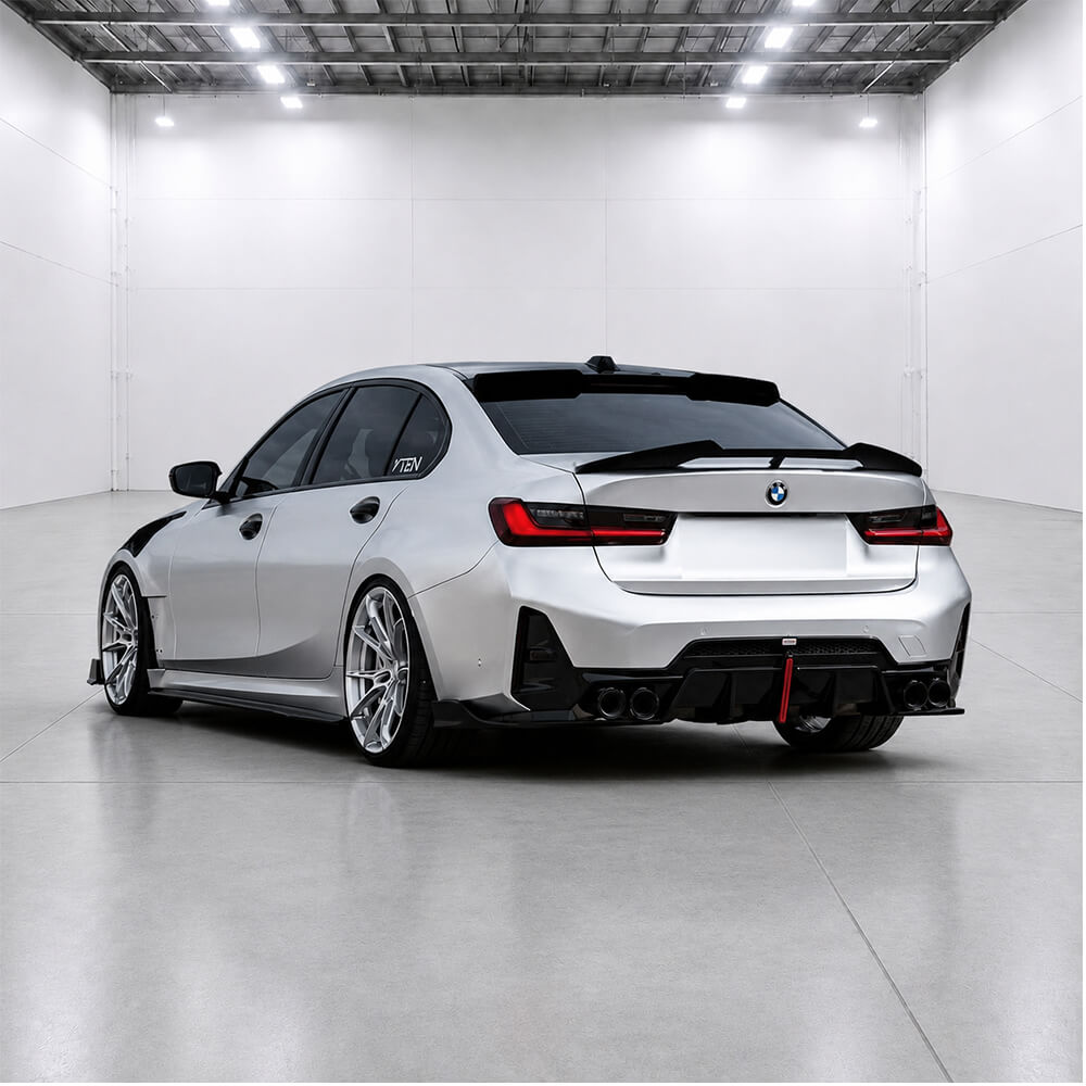 Motokrafta M Sport Style Carbon Fiber Rear Bumper Lip Diffuser with LED & Exhaust Tips – Compatible with BMW 3 Series G20/G28 LCI (2023+) | Rear Splitter Skirts - Image 2
